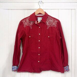 Panhandle Rough Stock Womens Red Western Shirt With Embroidered Yoke & Snap Clos